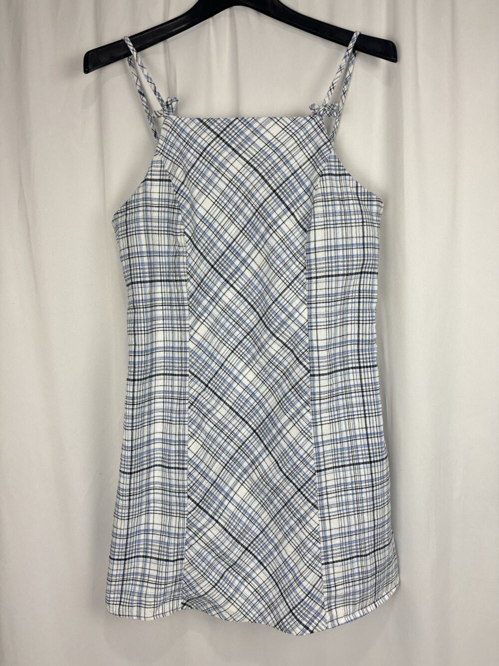 Francesca’s Womens Sz L Blue Plaid Cami Mini Dress Square Neck Shoulder Bows Y2K